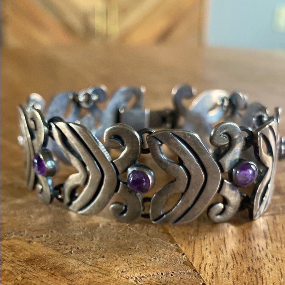 Vintage Mexico Sterling Silver and Amethyst Link Bracelet